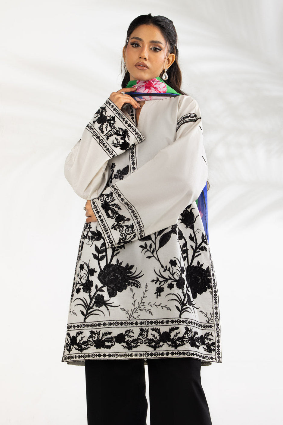 3PC Cambric Embroidered Suit With Scarf