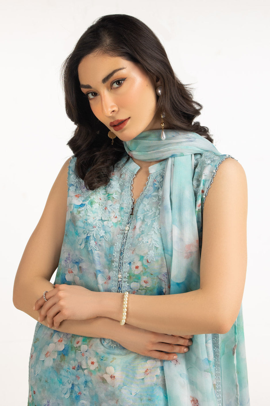 3PC Cambric Printed Suit With Embroidered