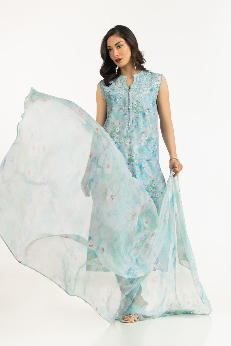 3PC Cambric Printed Suit With Embroidered
