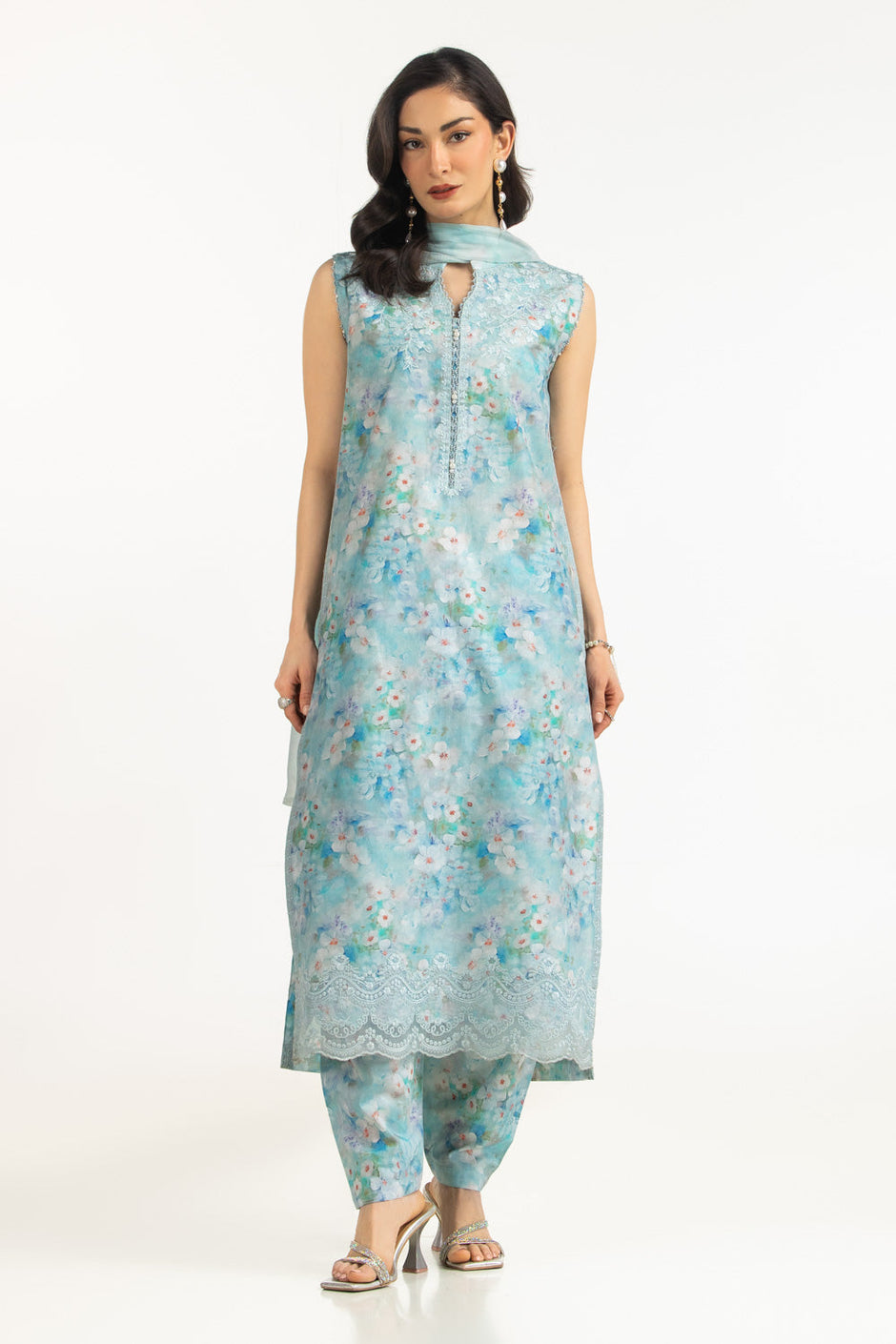 3PC Cambric Printed Suit With Embroidered