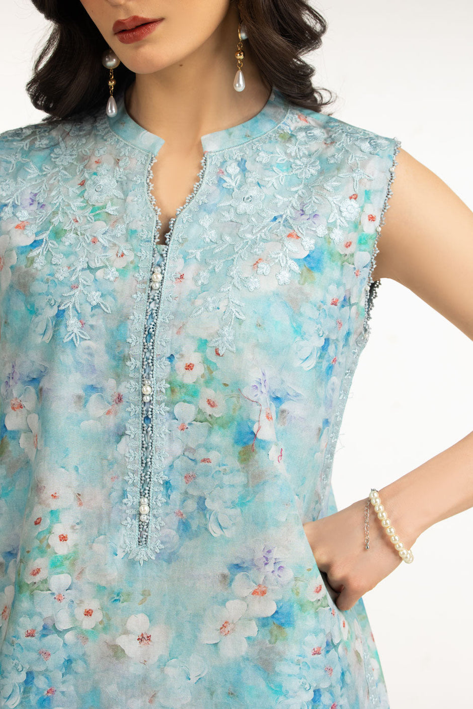 3PC Cambric Printed Suit With Embroidered