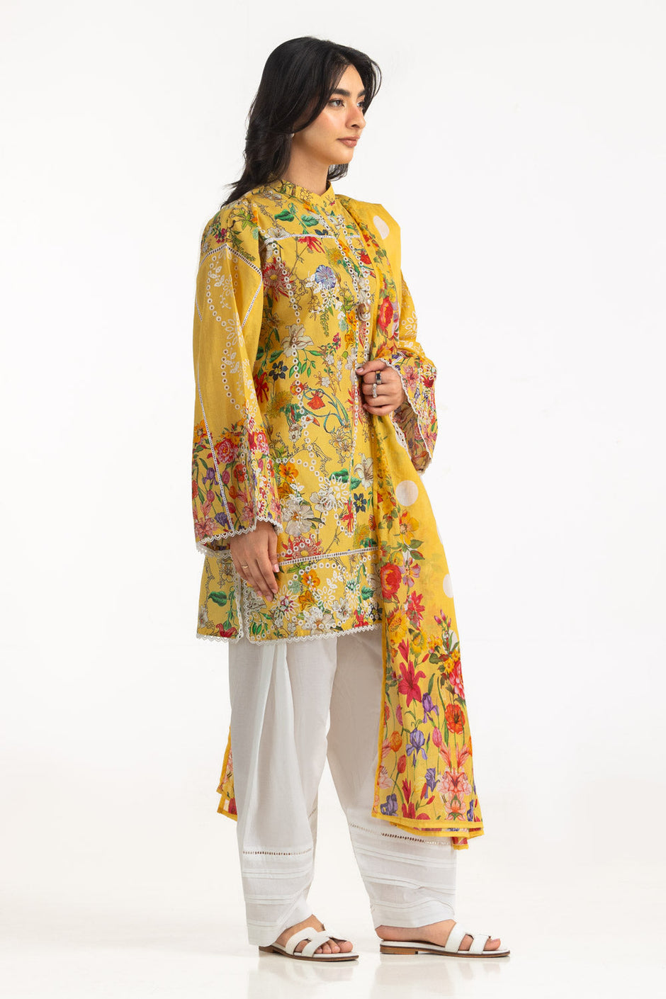 3PC Cambric Printed Suit With Embroidered