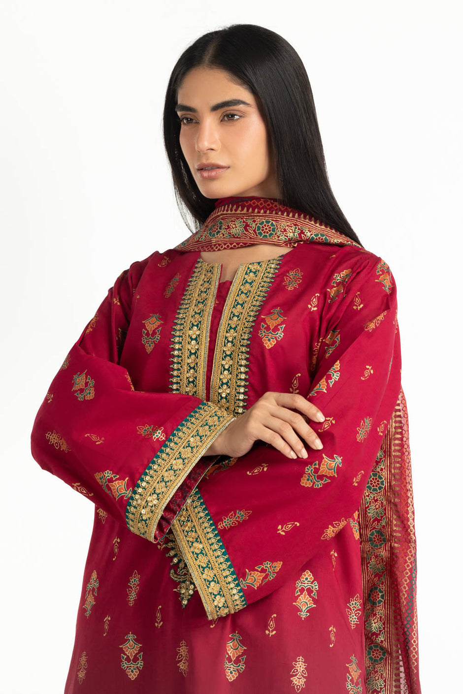 3PC Lawn Gold And Lacqer Printed Suit With Embroidered