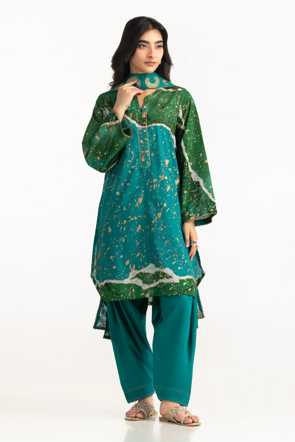 3PC Lawn Gold Printed Suit With Embroidered Dupatta