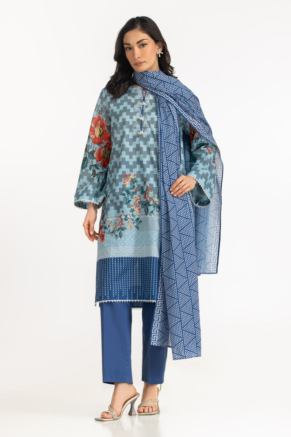 3PC Lawn Printed Suit With Embroidered