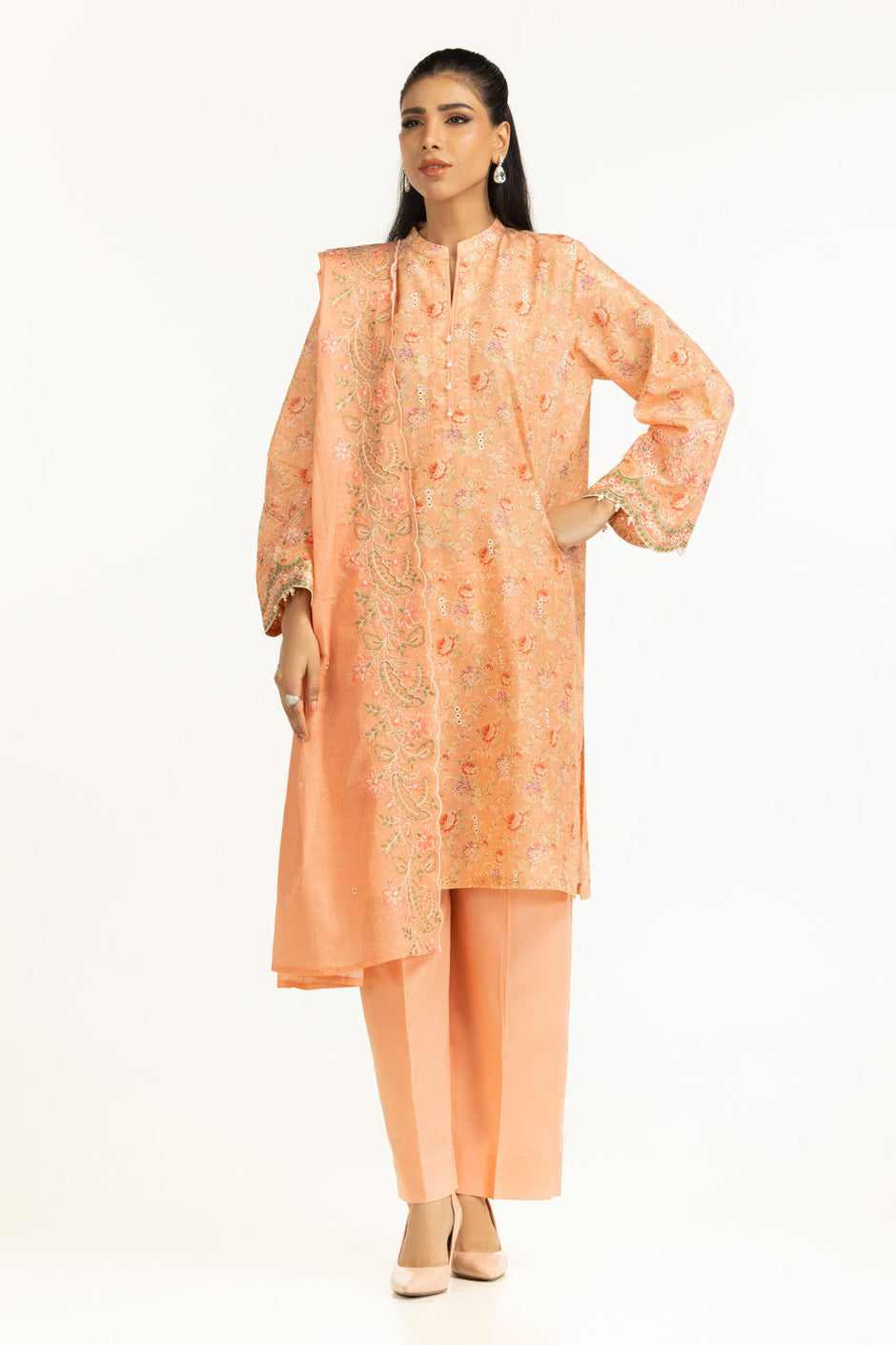 3PC Lawn Printed Suit With Schiffli Embroiderd