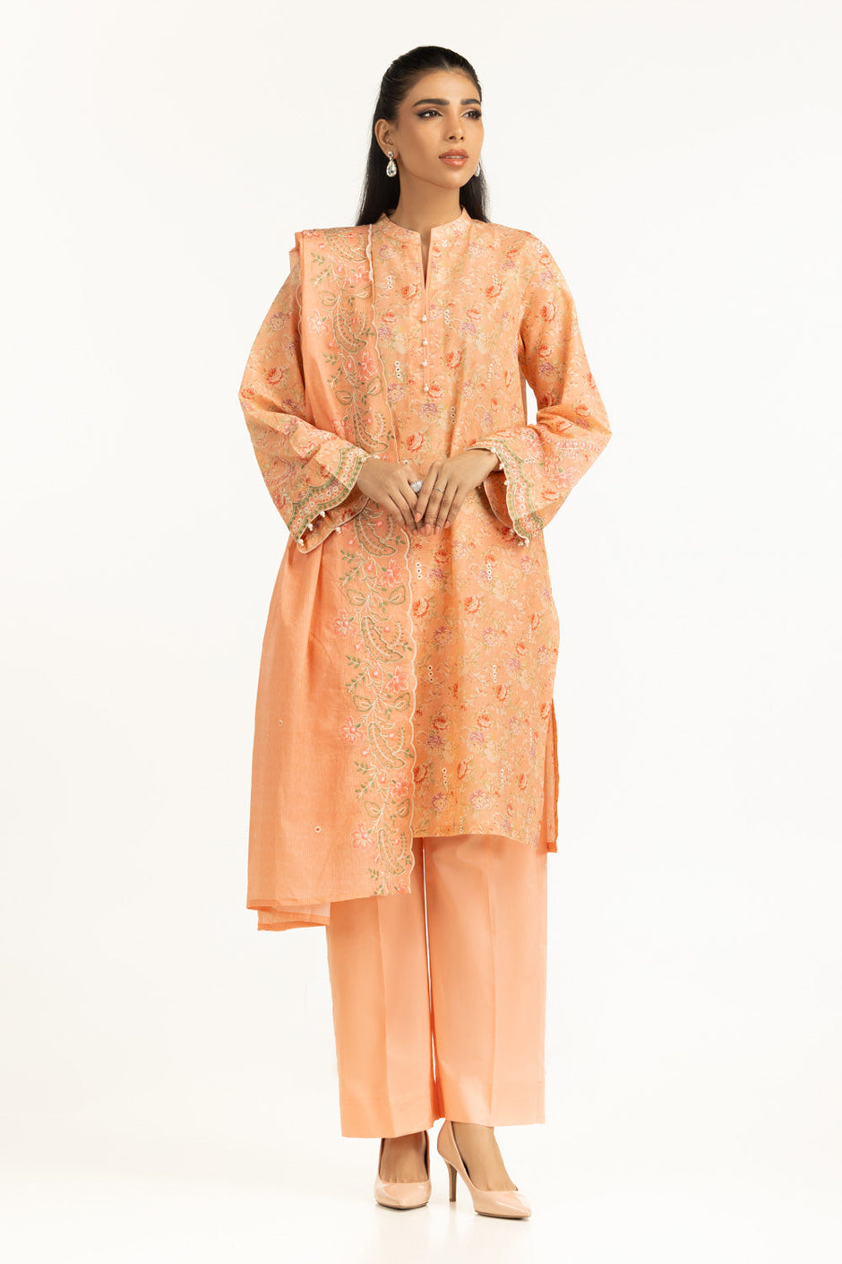 3PC Lawn Printed Suit With Schiffli Embroiderd