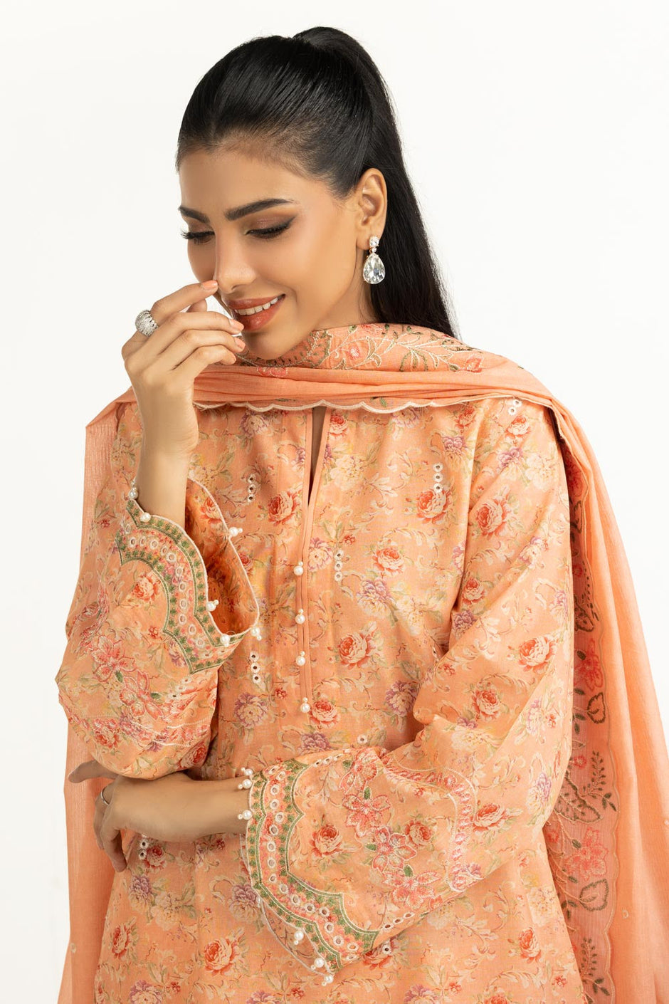 3PC Lawn Printed Suit With Schiffli Embroiderd