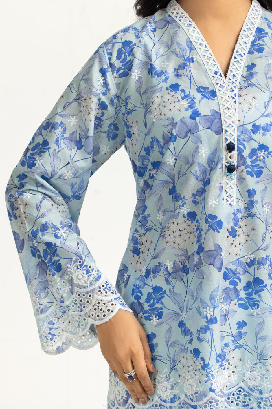 3PC Lawn Printed Suit With Schiffli Embroiderd