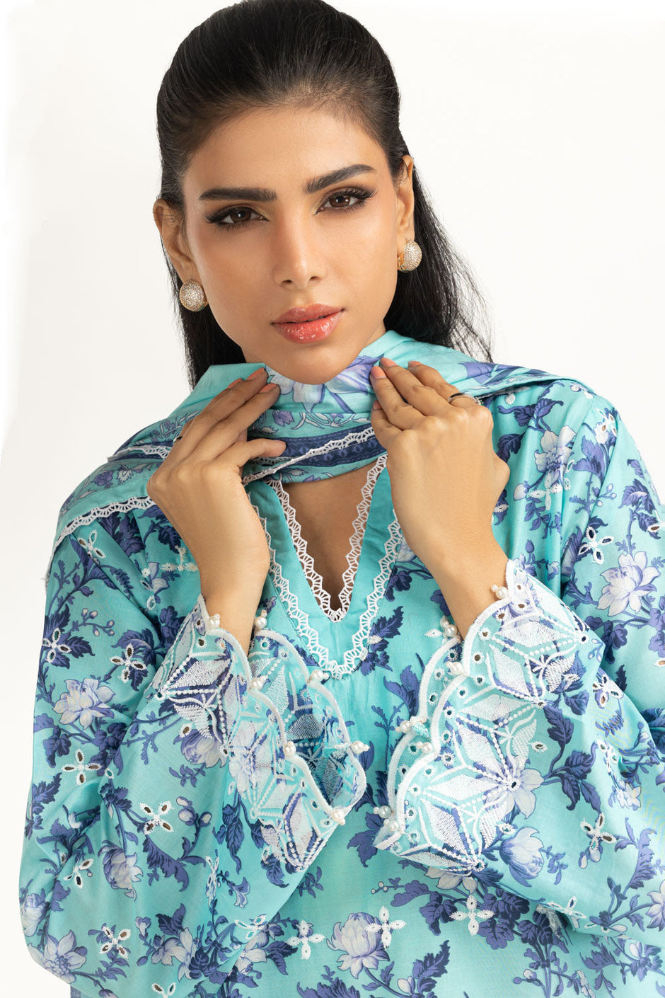 3PC Lawn Printed Suit With Schiffli Embroiderd
