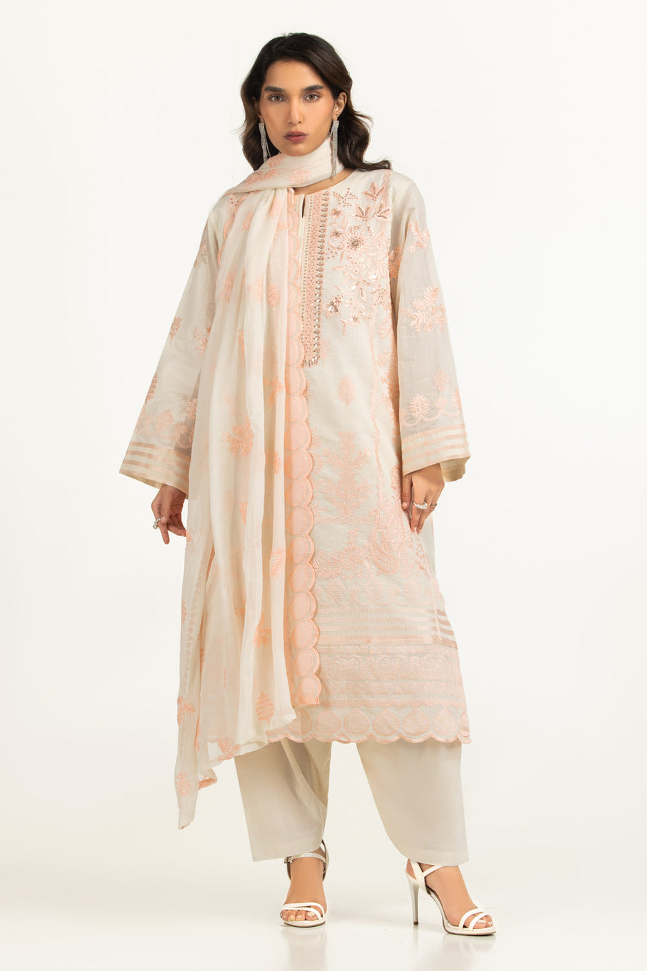 3PC Paper Cotton Embroidered Suit