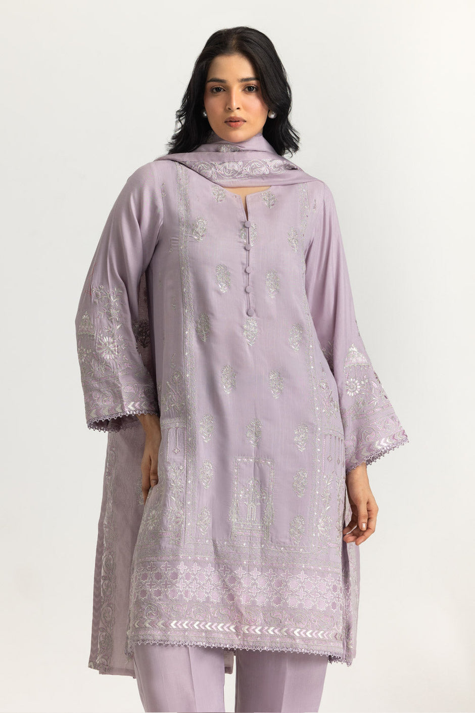 3PC Raw Silk Embroidered Suit With Shimmer Embroidered Dupatta