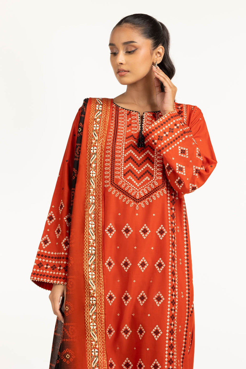 3PC Lawn Gold & Lacquer Printed Suit With Embroidered IUSTKSD-656