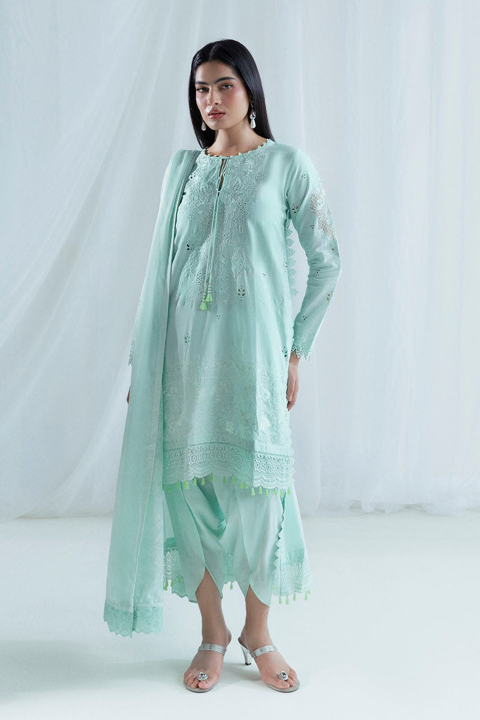3 Piece Embroidered Lawn Suit with Borders, Bunches and Silk Dupatta