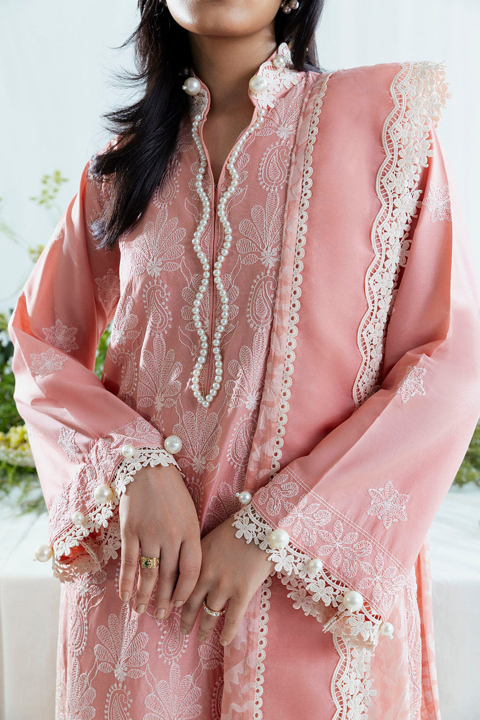 3 Piece Embroidered Lawn Suit with Borders and Silk Dupatta