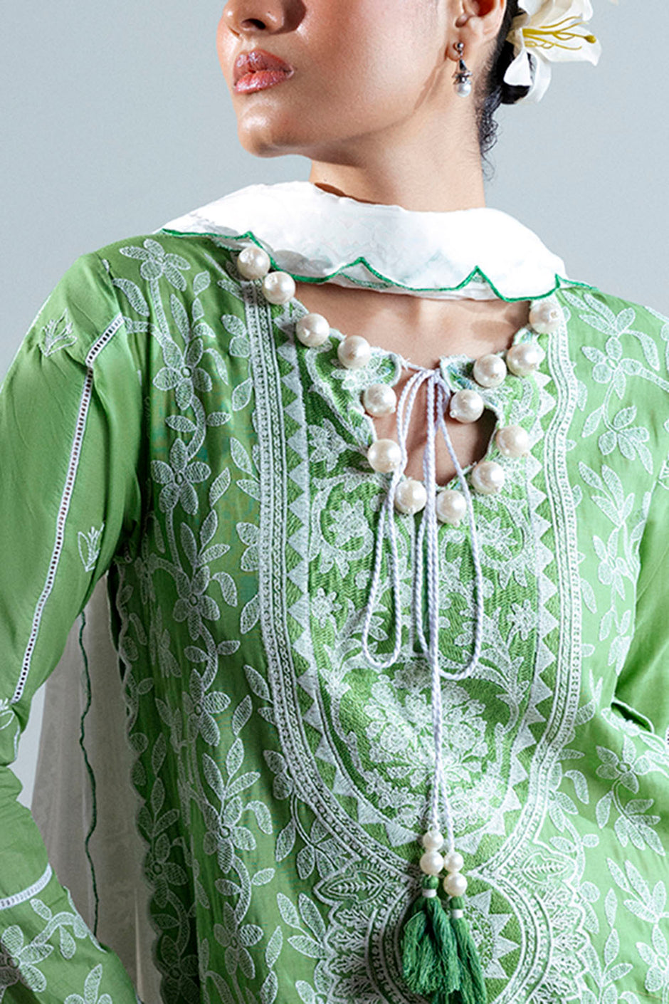 3 Piece Embroidered Lawn Suit with Neckline, Bunches and Silk Dupatta