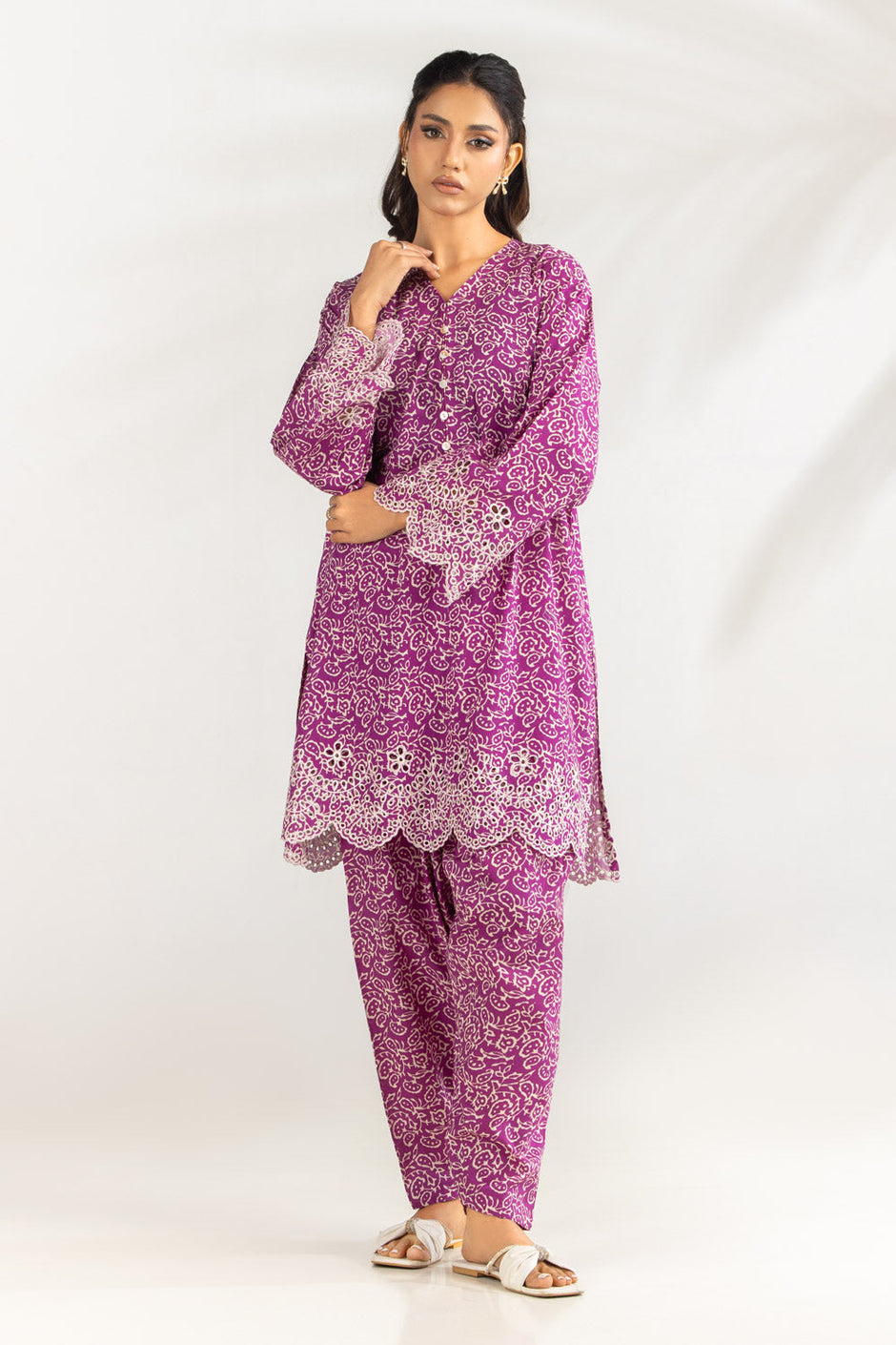 Cambric Printed Co-Ord Set With Embroidered
