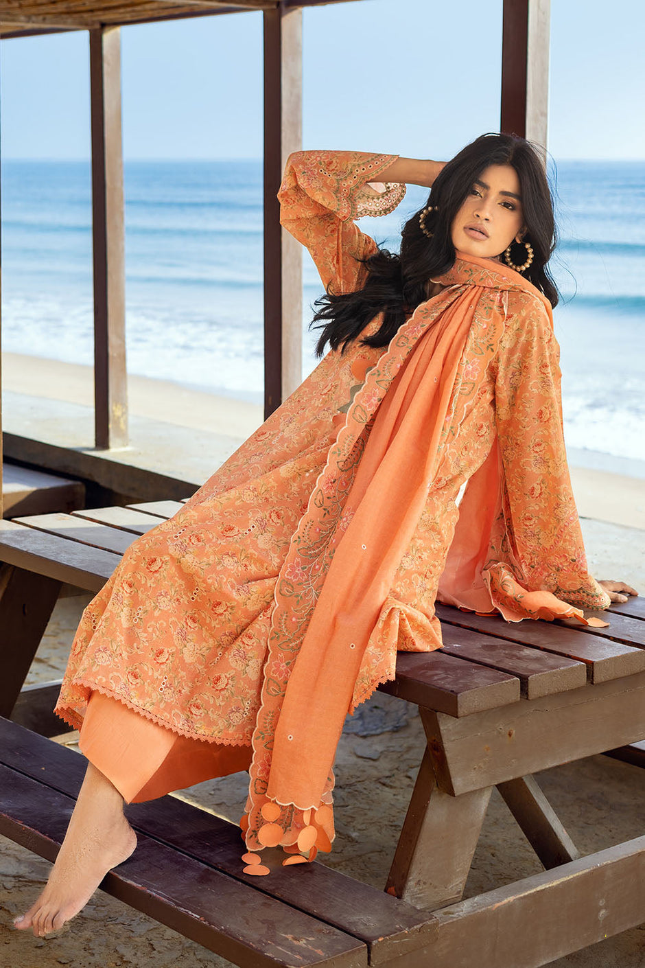 3 Piece Schiffli Embroidered Printed Lawn Suit with Embroidered Denting Dupatta