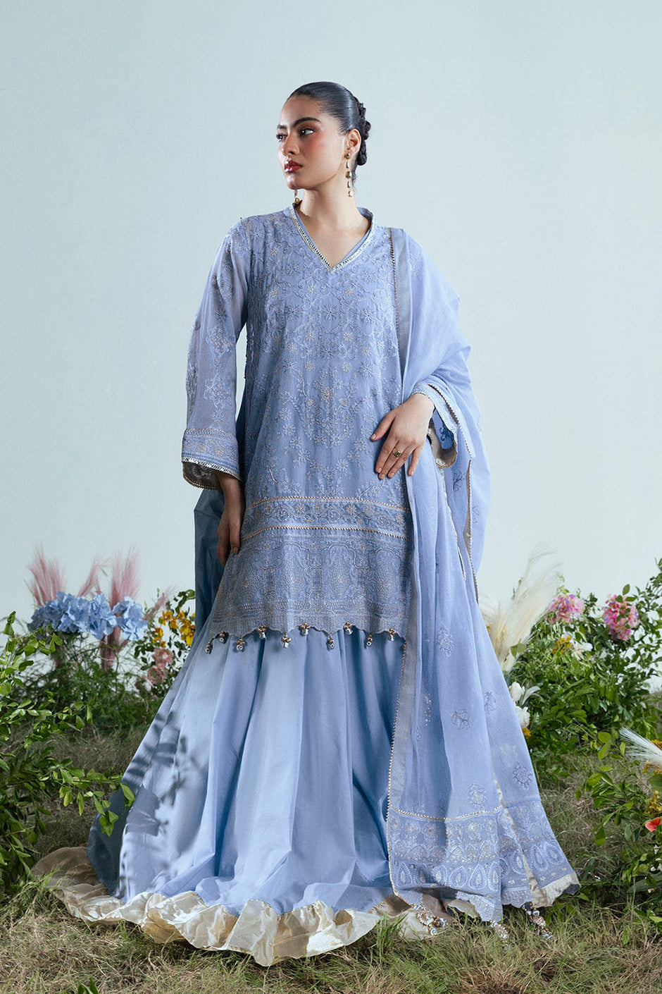 3 Piece Embroidered Cotton Net Suit with Pallu Dupatta