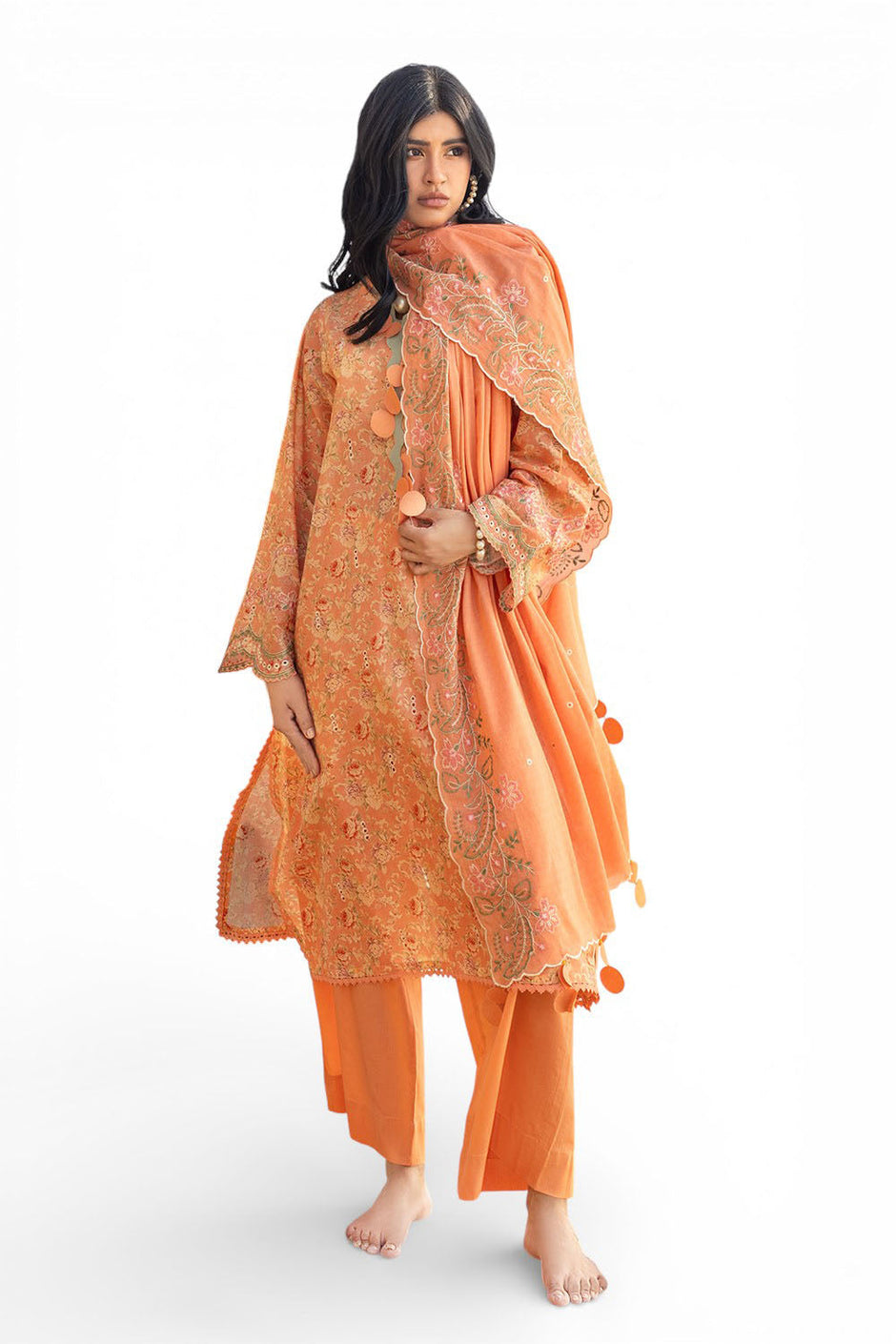3 Piece Schiffli Embroidered Printed Lawn Suit with Embroidered Denting Dupatta