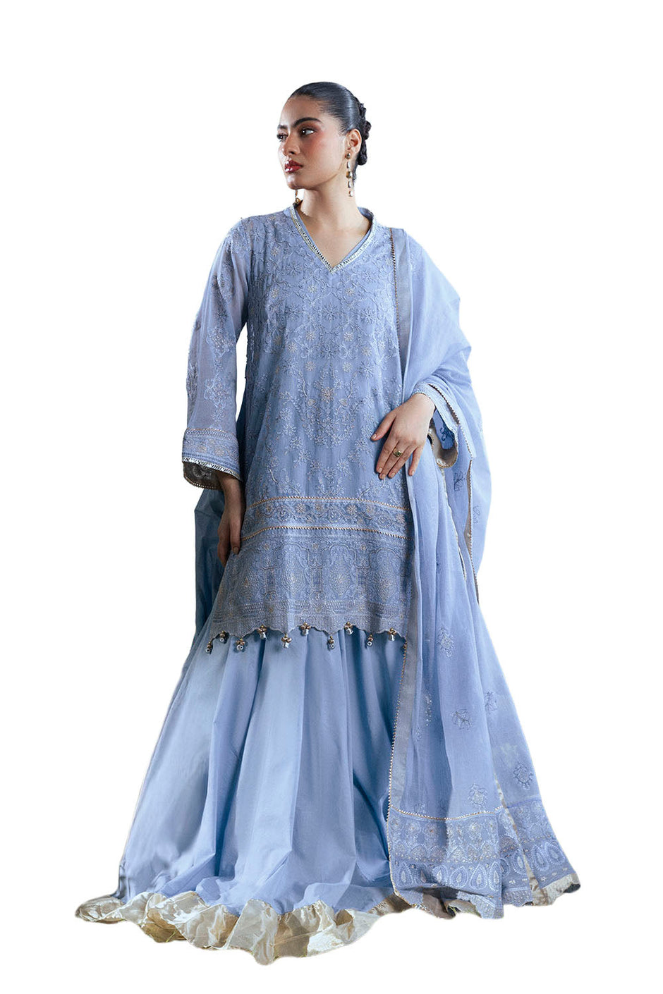 3 Piece Embroidered Cotton Net Suit with Pallu Dupatta