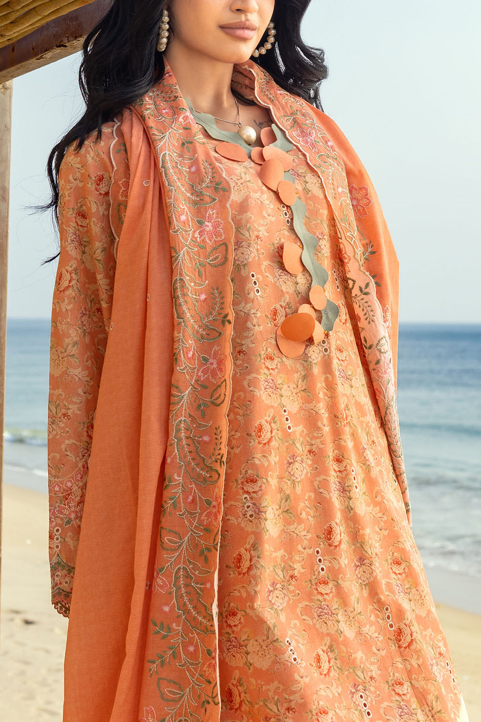 3 Piece Schiffli Embroidered Printed Lawn Suit with Embroidered Denting Dupatta