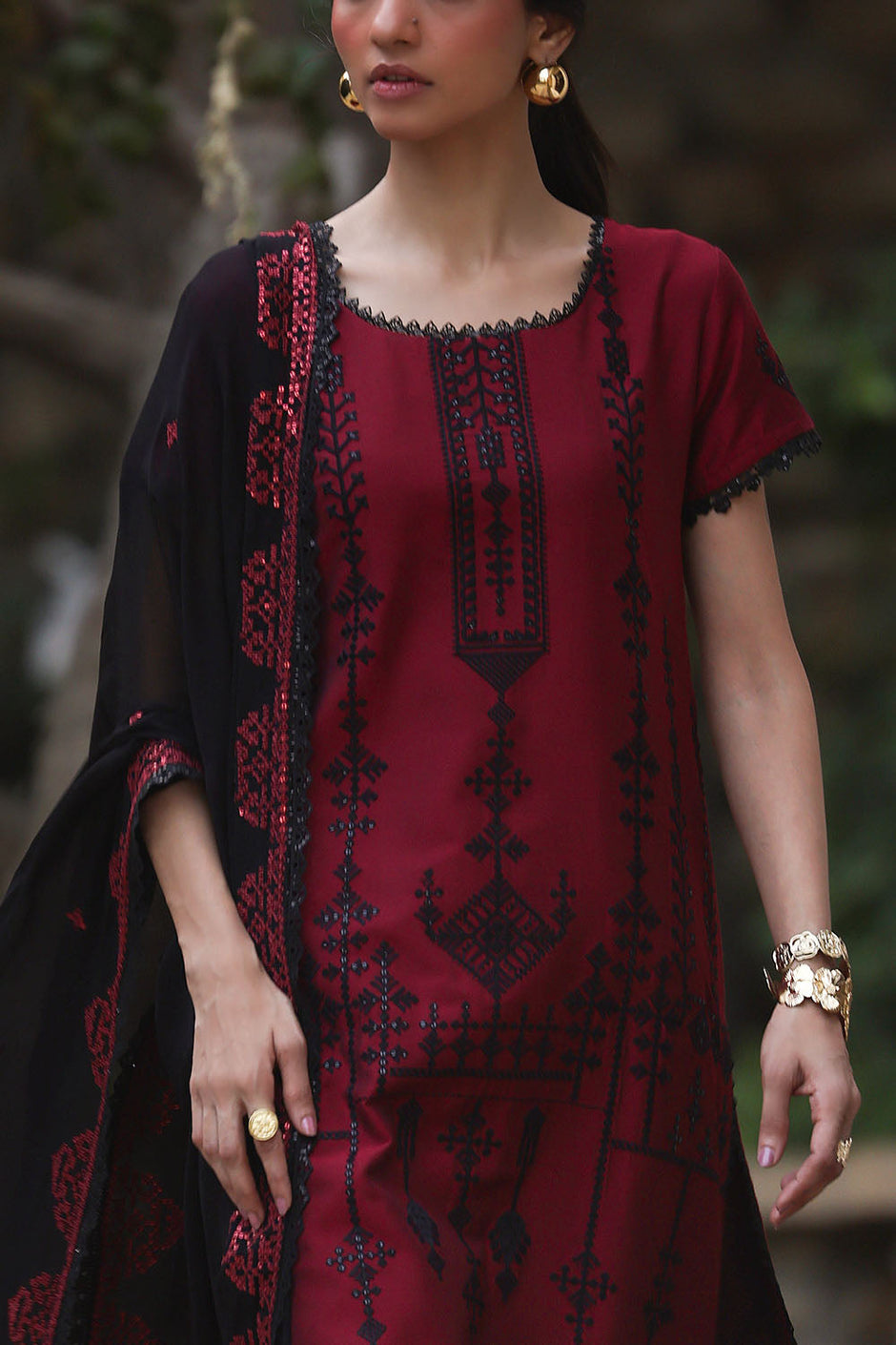 3 Piece Embroidered Cotton Silk Suit with Embroidered Chiffon Dupatta