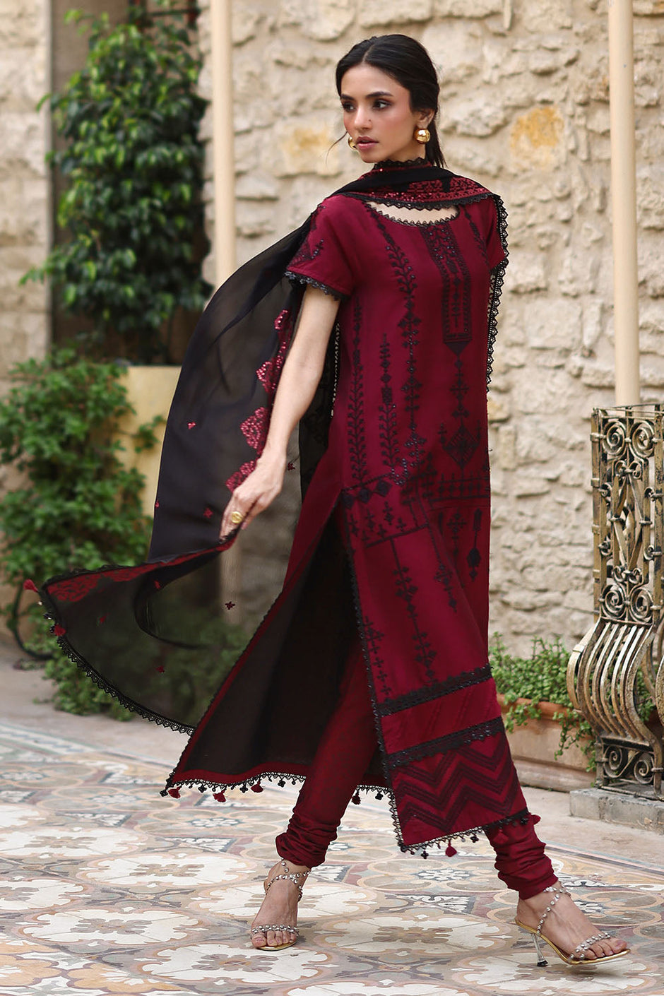 3 Piece Embroidered Cotton Silk Suit with Embroidered Chiffon Dupatta