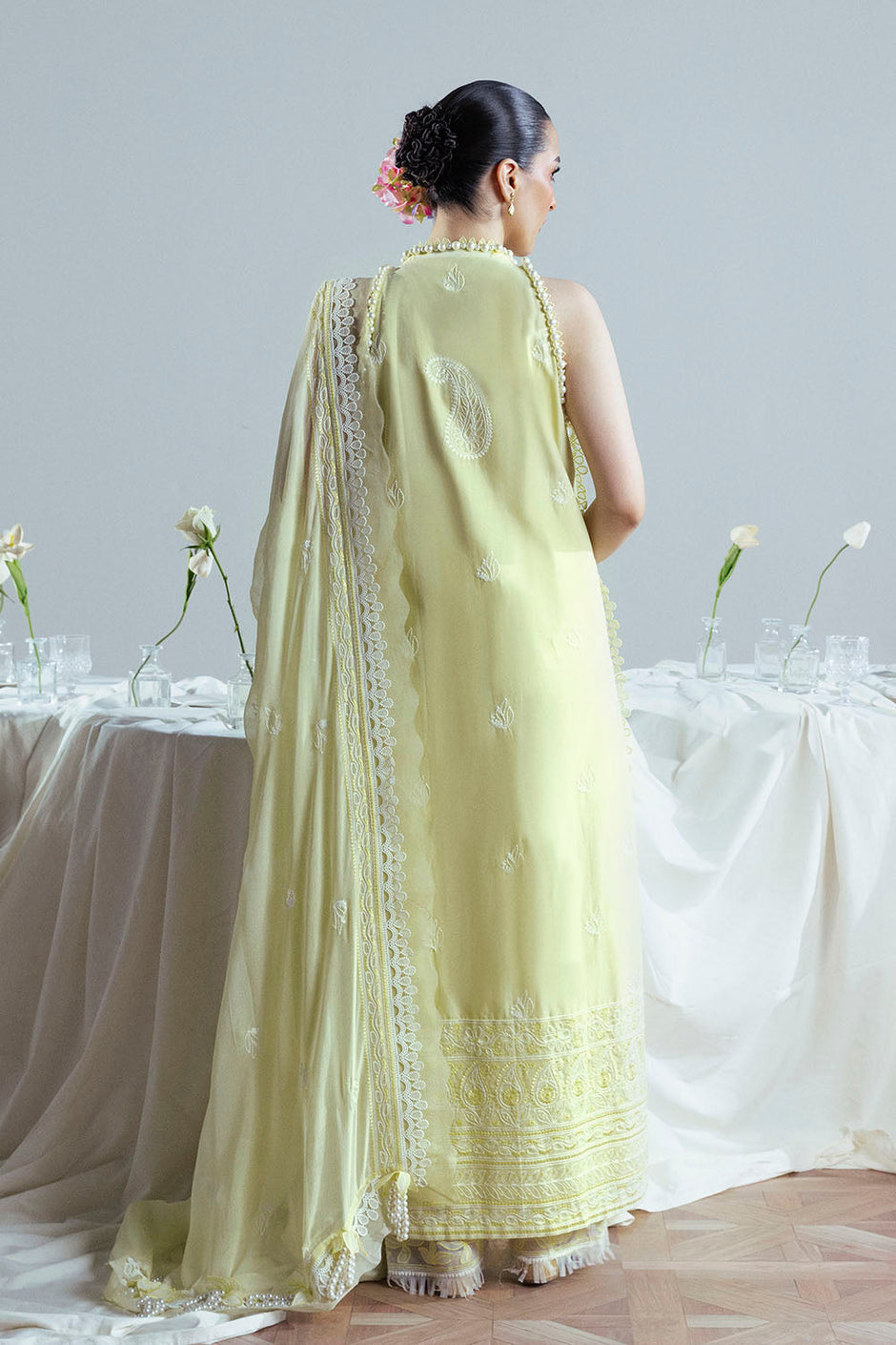 3 Piece Embroidered Cutwork Net Suit with Chiffon Dupatta