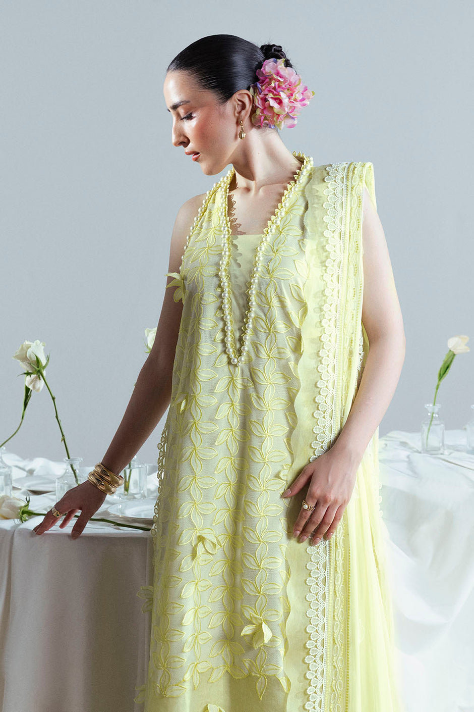 3 Piece Embroidered Cutwork Net Suit with Chiffon Dupatta