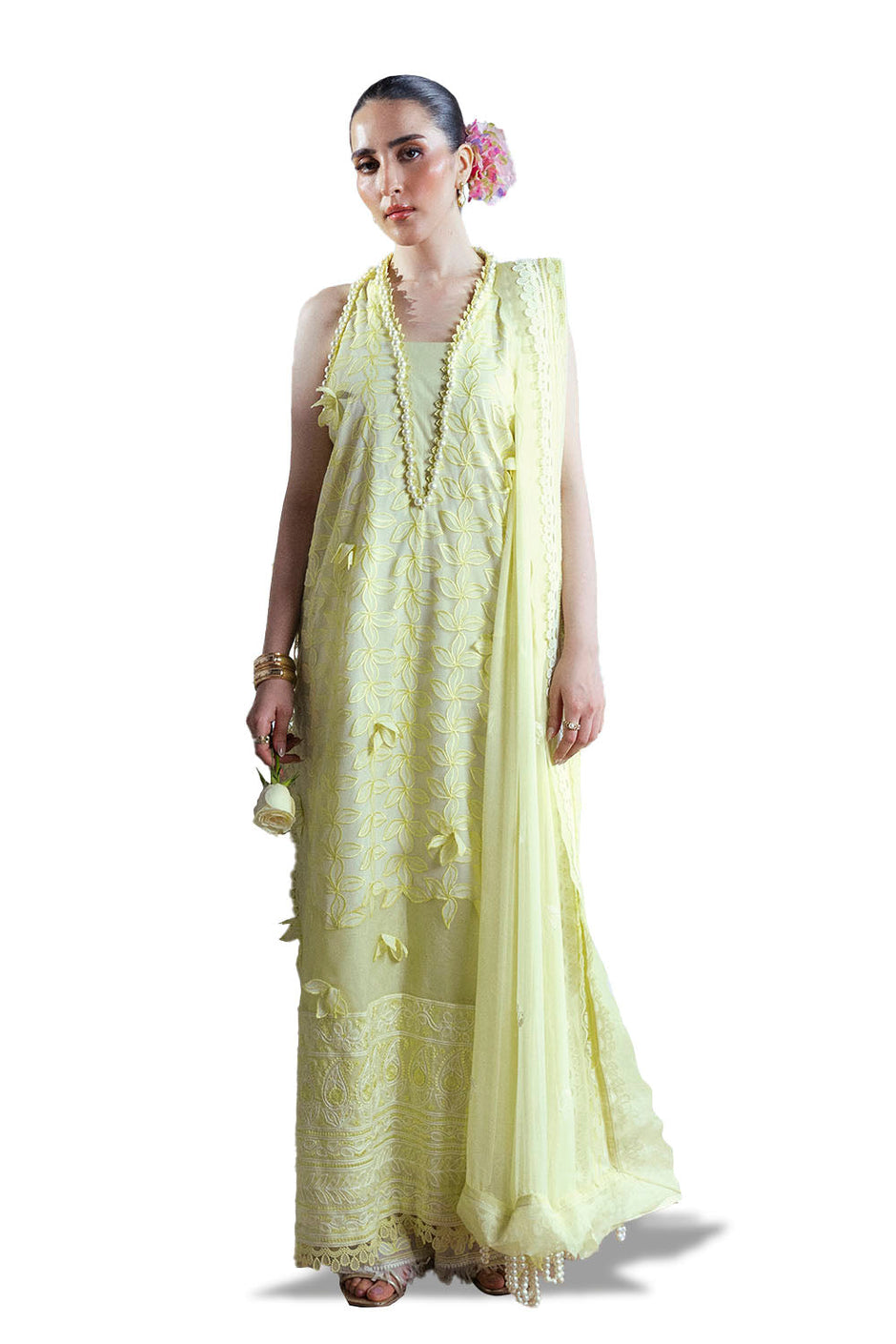 3 Piece Embroidered Cutwork Net Suit with Chiffon Dupatta