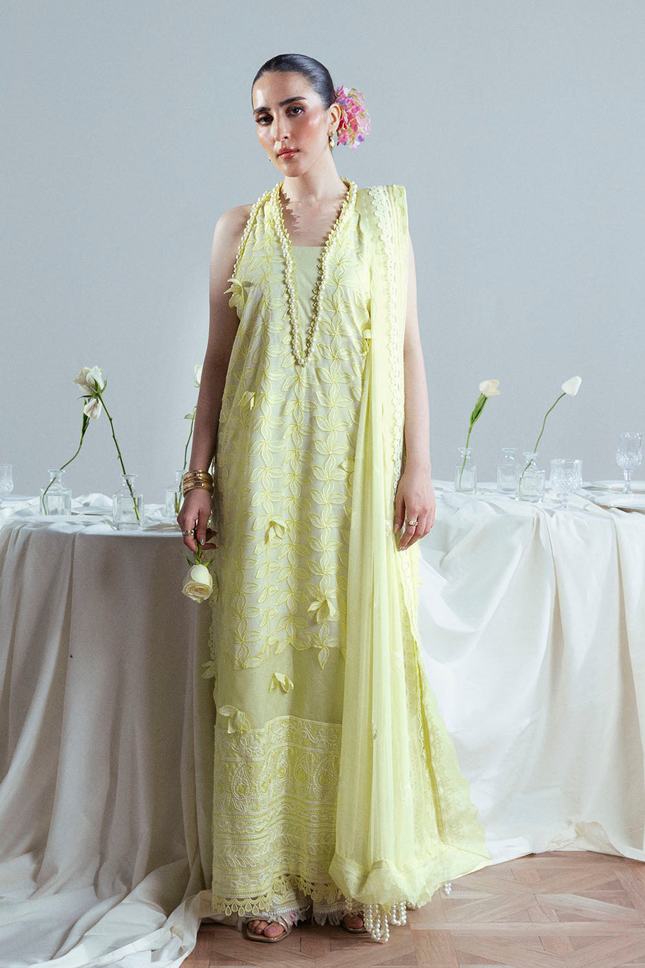 3 Piece Embroidered Cutwork Net Suit with Chiffon Dupatta