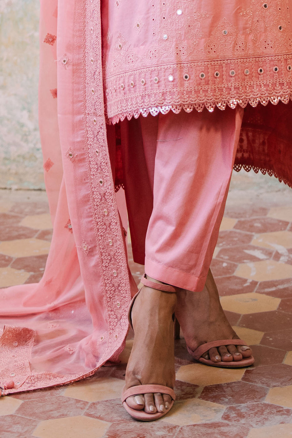 3 Piece Embroidered Lawn Suit with Borders and Embroidered Chiffon Dupatta