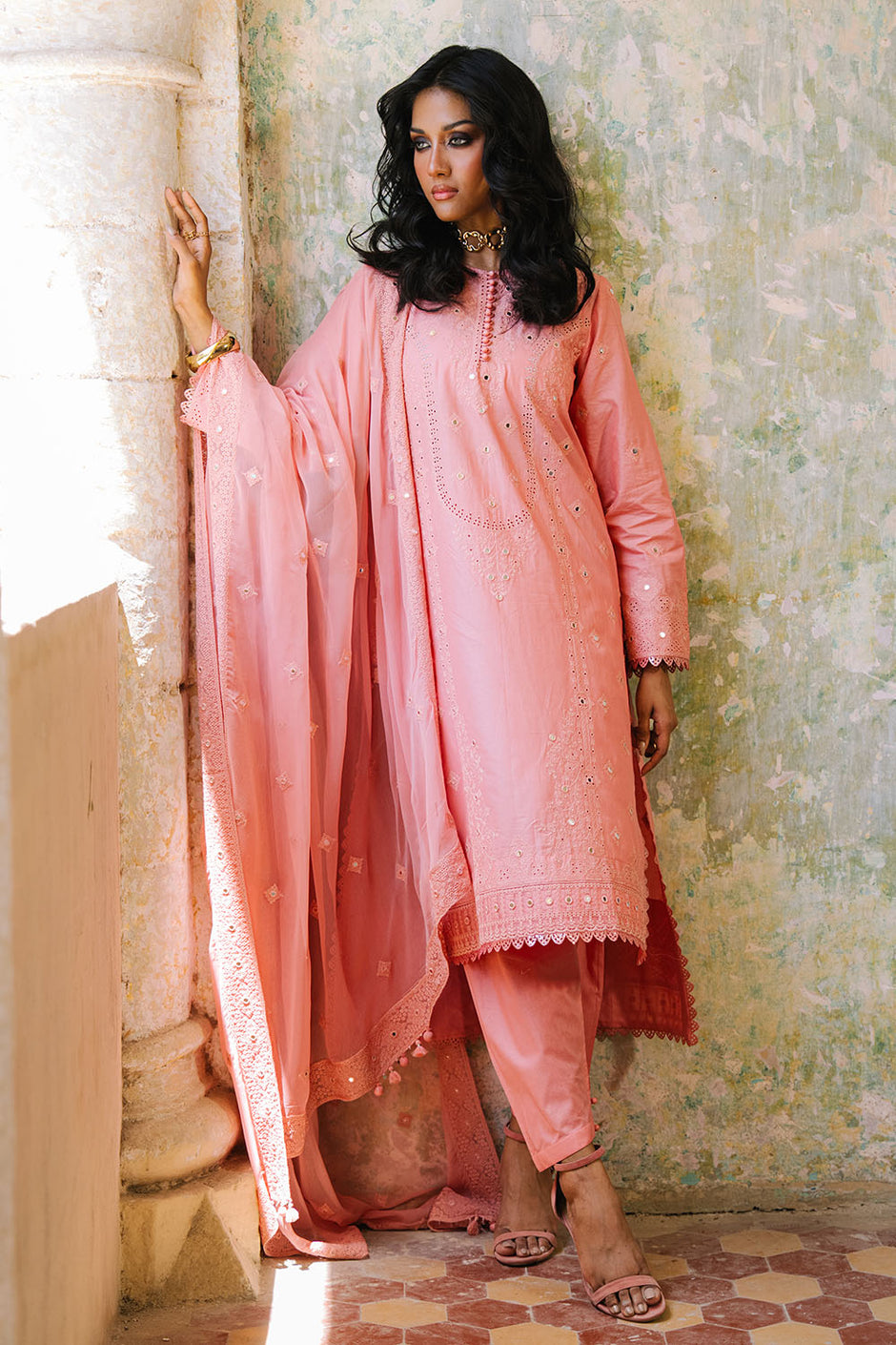 3 Piece Embroidered Lawn Suit with Borders and Embroidered Chiffon Dupatta