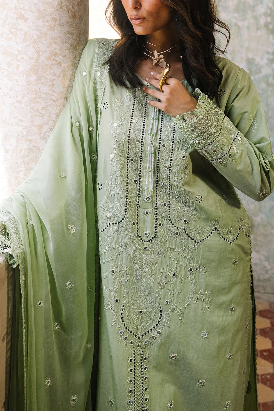 3 Piece Embroidered Lawn Suit with Borders and Embroidered Chiffon Dupatta