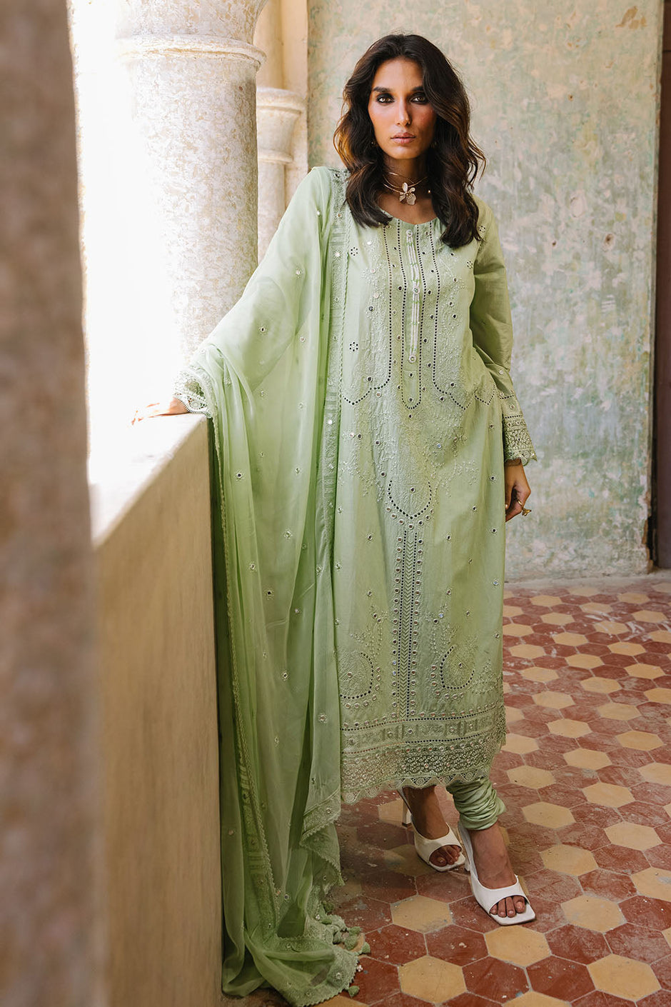 3 Piece Embroidered Lawn Suit with Borders and Embroidered Chiffon Dupatta