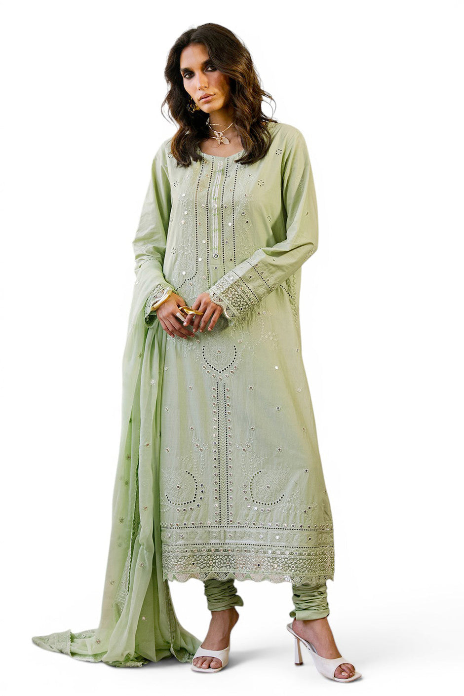 3 Piece Embroidered Lawn Suit with Borders and Embroidered Chiffon Dupatta