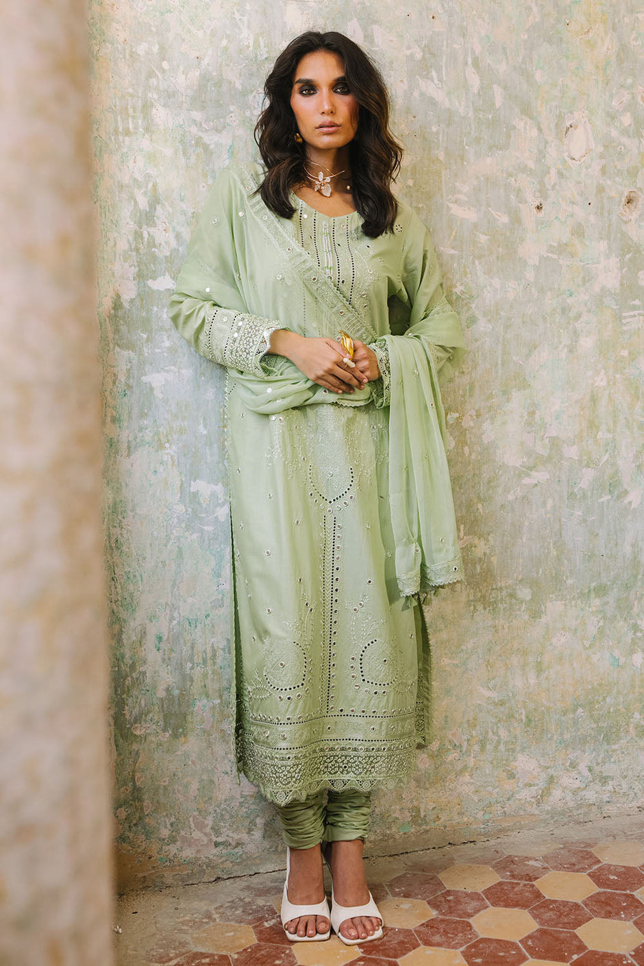 3 Piece Embroidered Lawn Suit with Borders and Embroidered Chiffon Dupatta