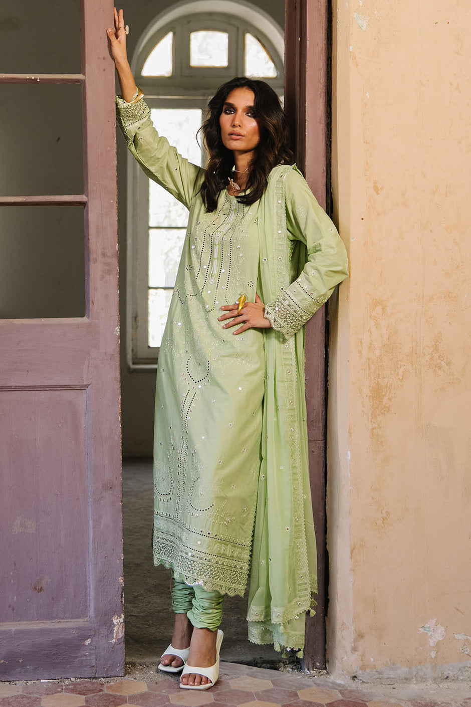 3 Piece Embroidered Lawn Suit with Borders and Embroidered Chiffon Dupatta