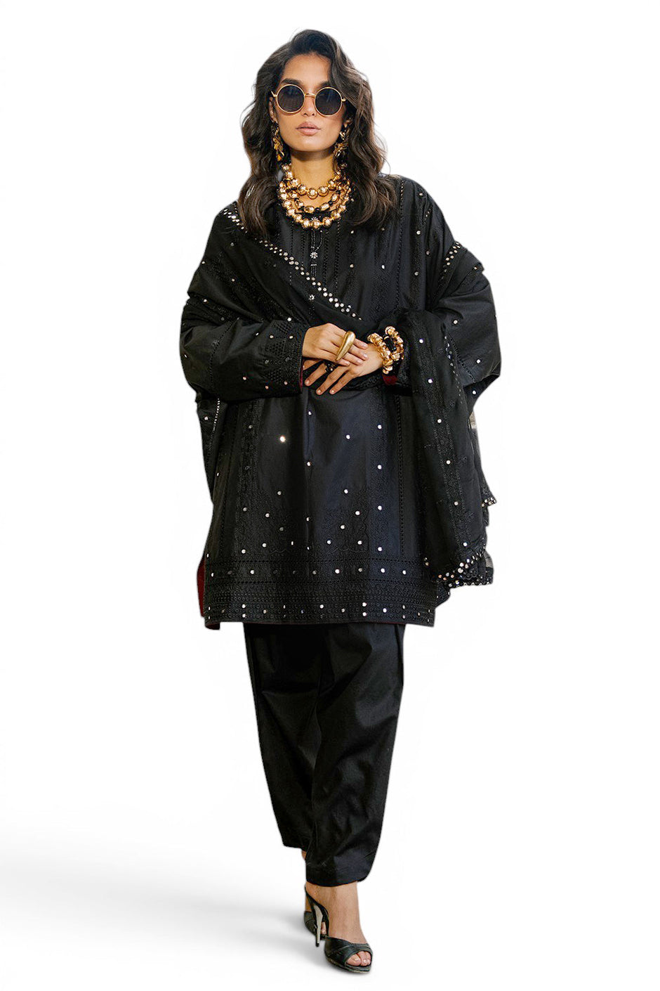 3 Piece Embroidered Lawn Suit with Borders and Embroidered Chiffon Dupatta