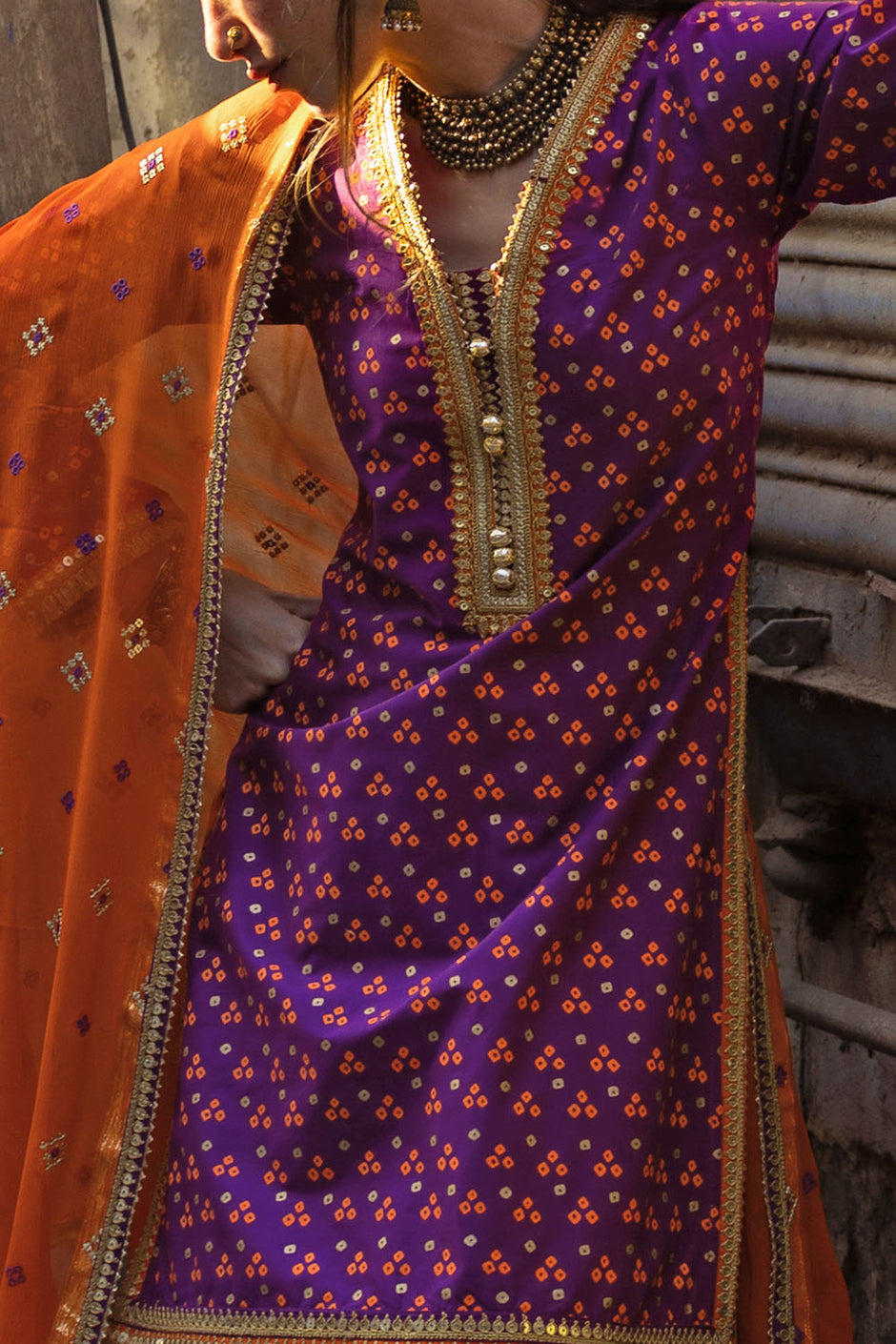 3 Piece Gold and Lacquer Printed Lawn Suit with Embroidered Chiffon Dupatta and Gold and Lacquer Printed Trouser