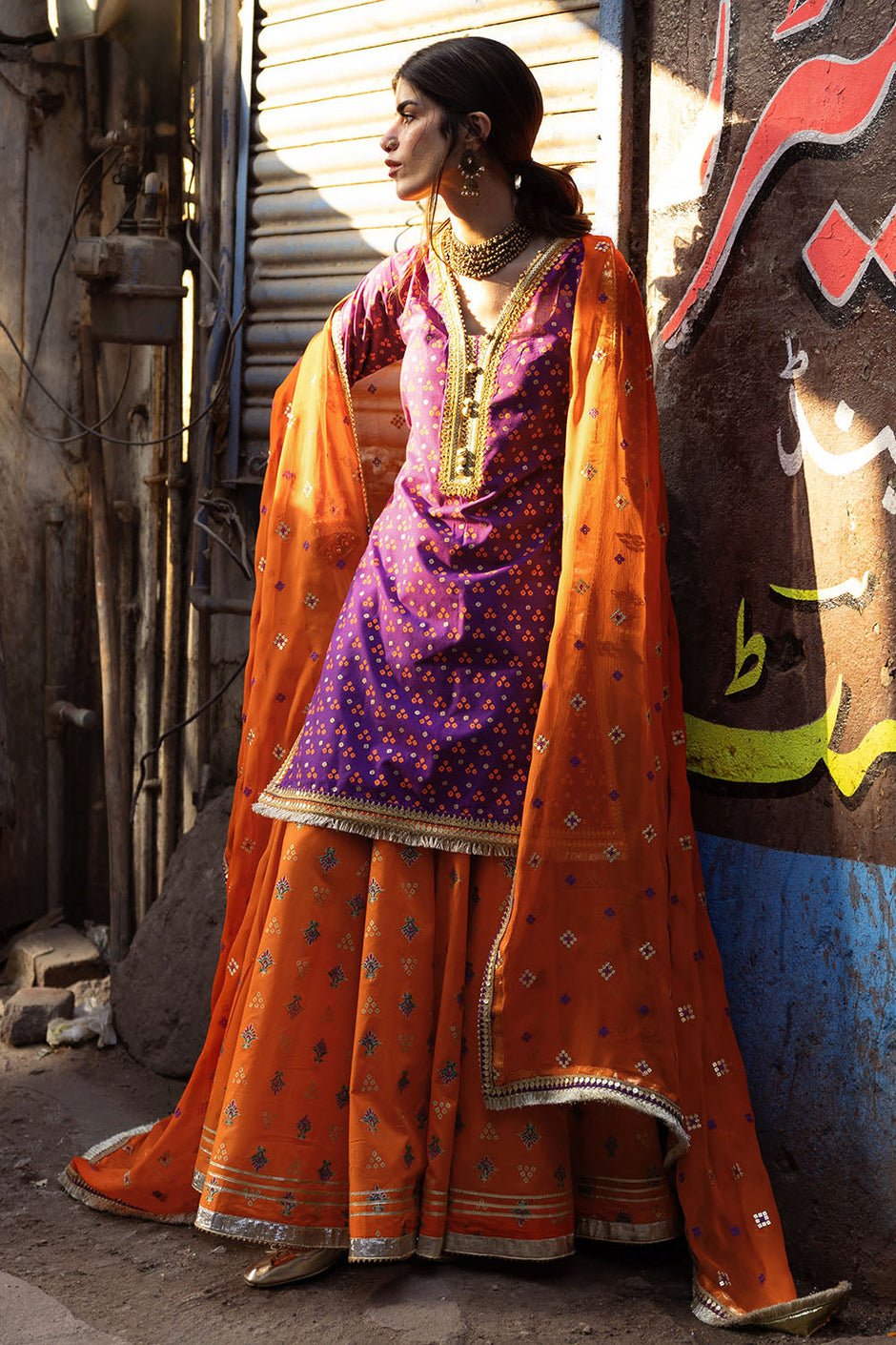 3 Piece Gold and Lacquer Printed Lawn Suit with Embroidered Chiffon Dupatta and Gold and Lacquer Printed Trouser