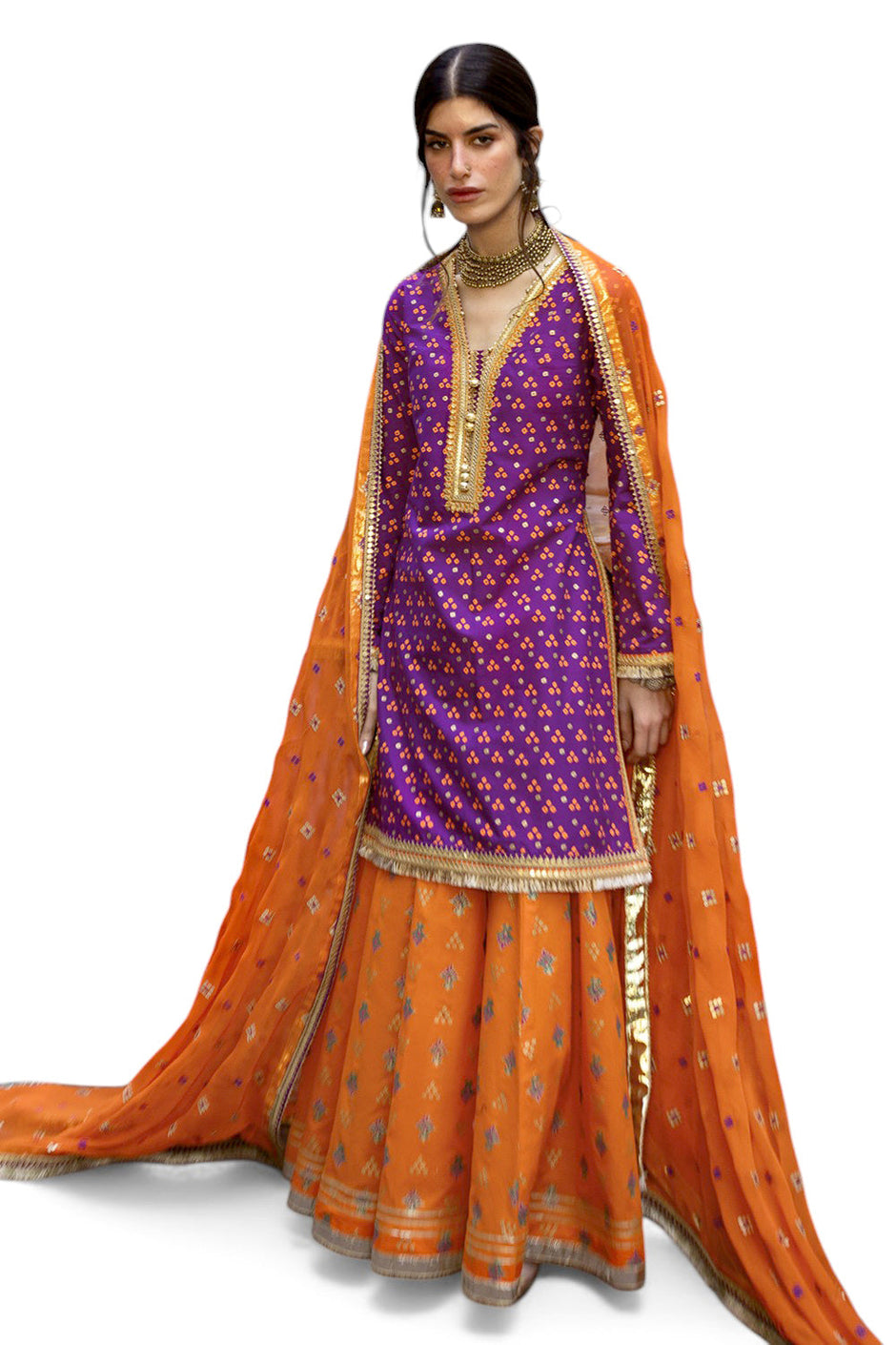 3 Piece Gold and Lacquer Printed Lawn Suit with Embroidered Chiffon Dupatta and Gold and Lacquer Printed Trouser