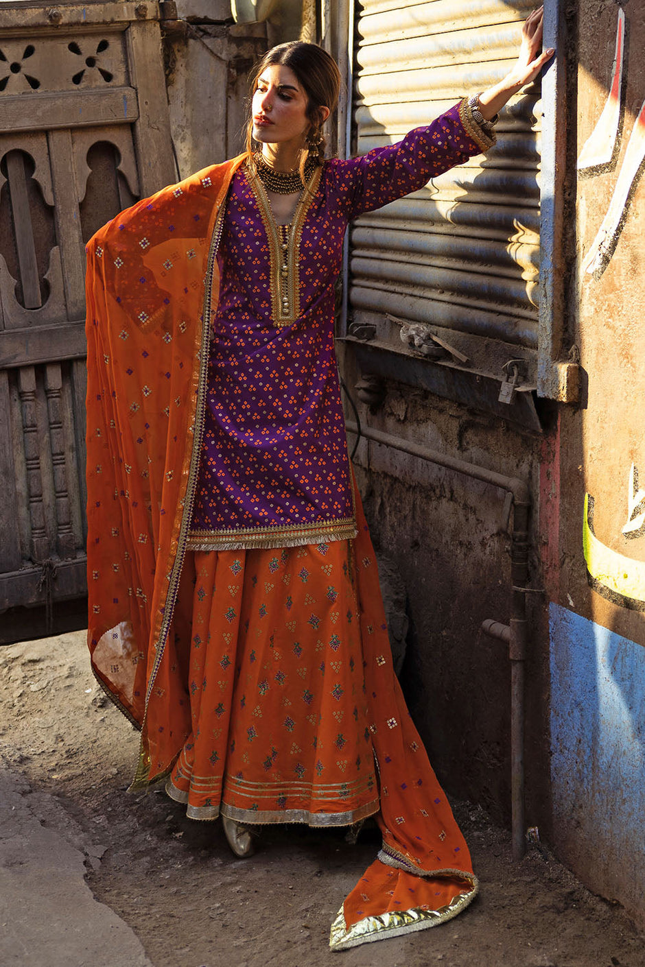 3 Piece Gold and Lacquer Printed Lawn Suit with Embroidered Chiffon Dupatta and Gold and Lacquer Printed Trouser