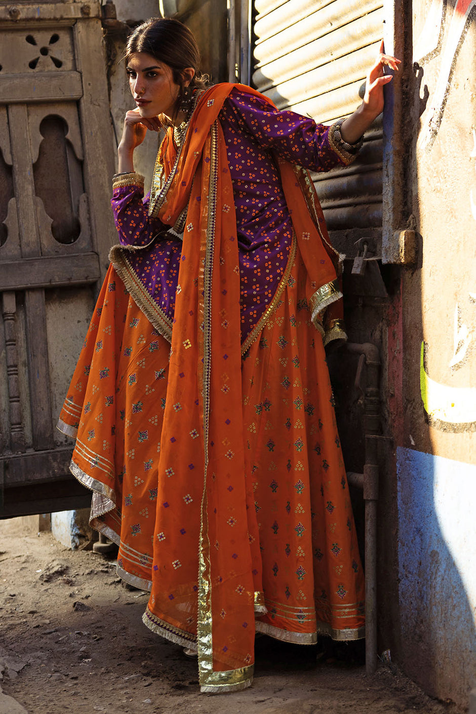 3 Piece Gold and Lacquer Printed Lawn Suit with Embroidered Chiffon Dupatta and Gold and Lacquer Printed Trouser