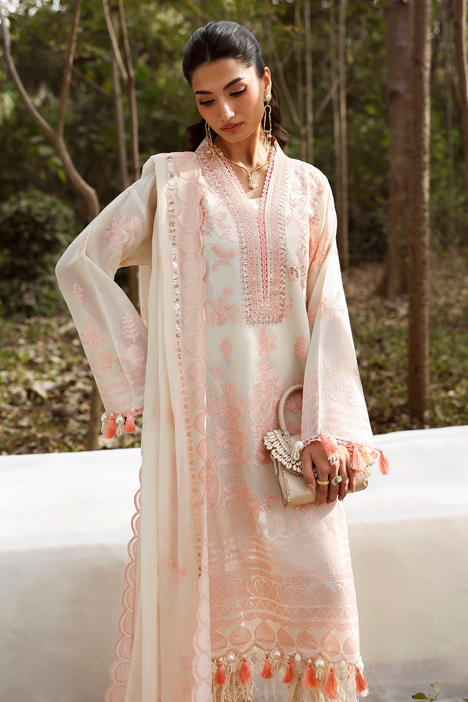 3 Piece Embroidered Paper Cotton Suit with Embroidered Chiffon Dupatta