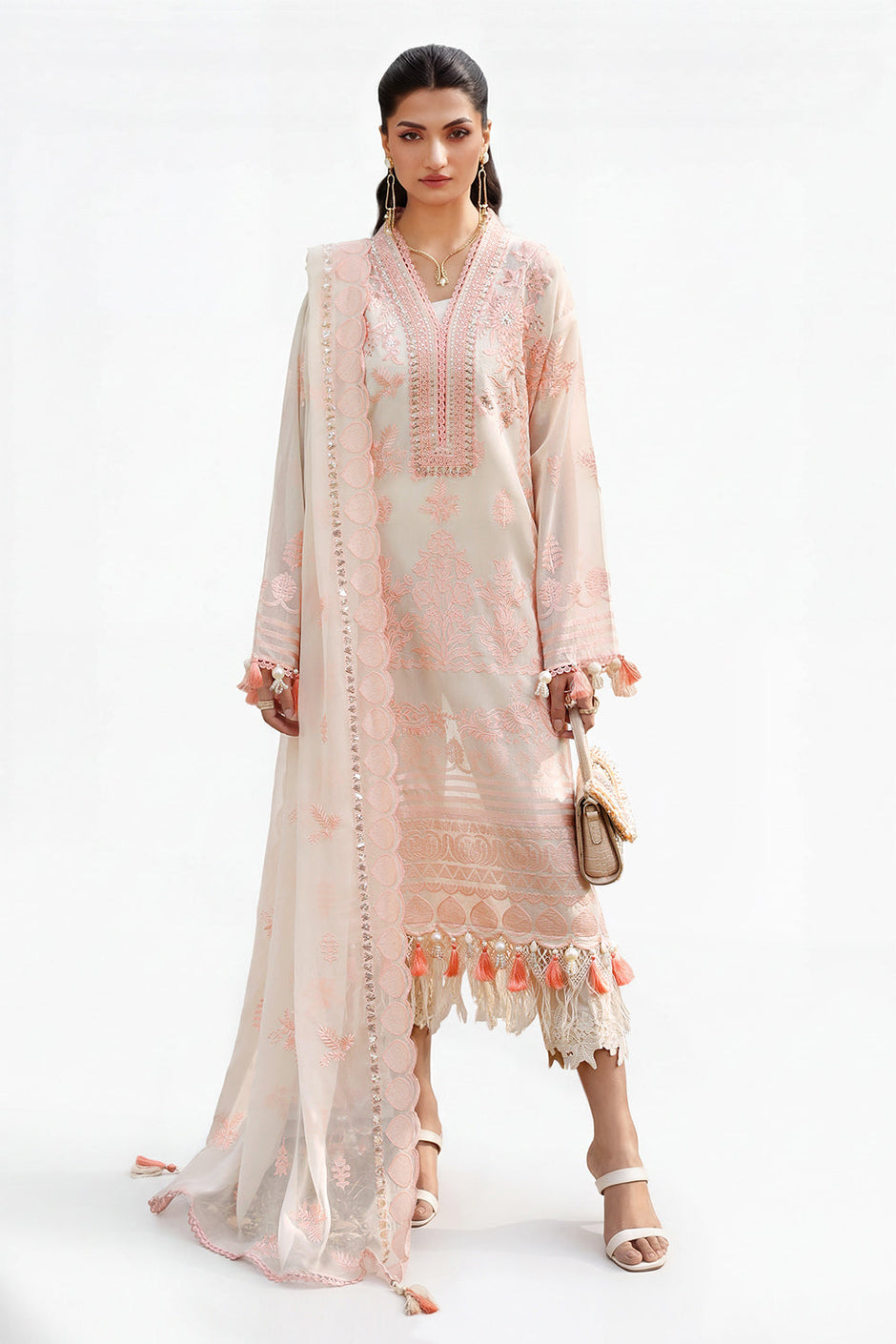 3 Piece Embroidered Paper Cotton Suit with Embroidered Chiffon Dupatta