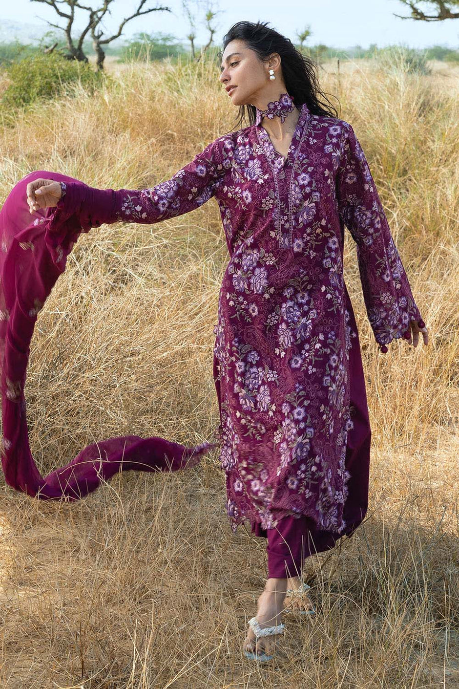 3 Piece Embroidered Swiss Voile Suit with Embroidered Chiffon Dupatta