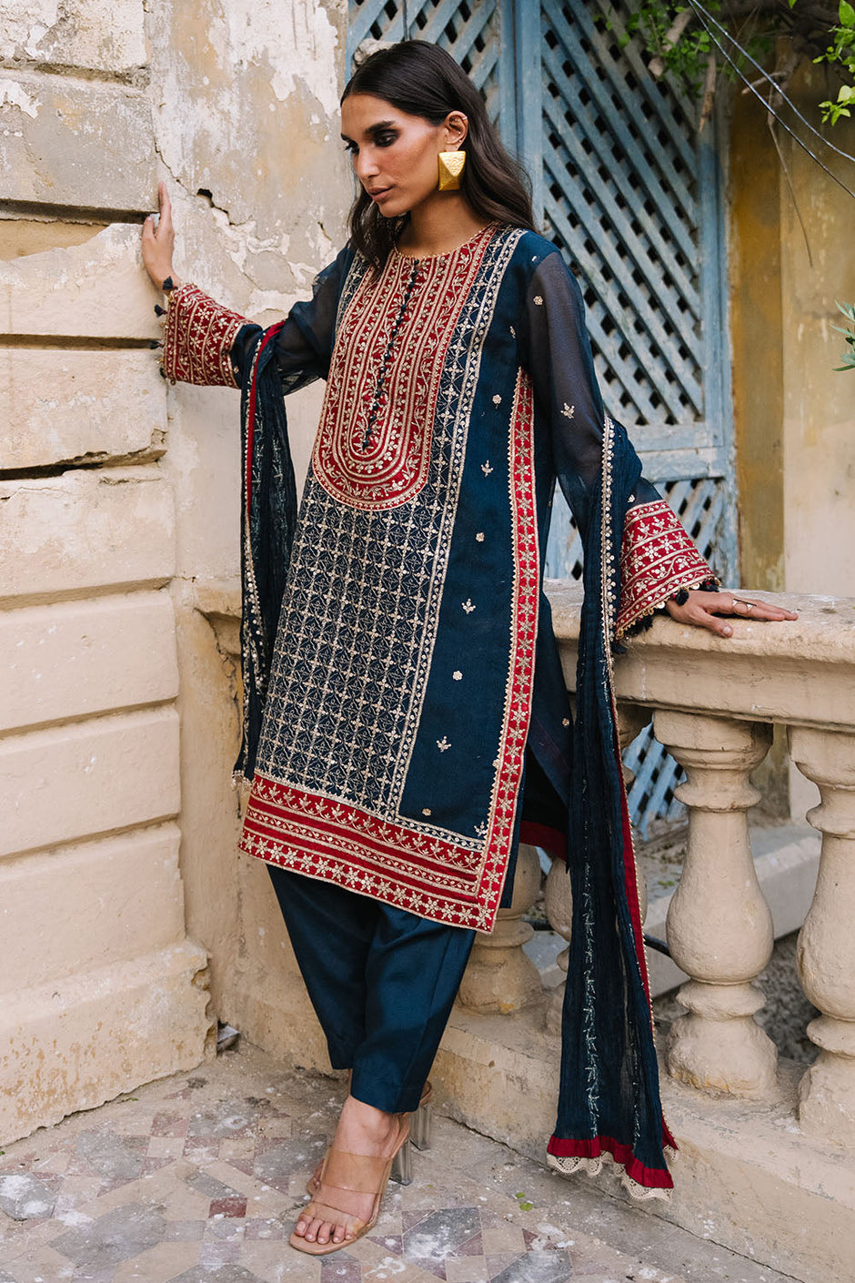3 Piece Embroidered Cotton Net Suit with Neckline, Borders and Embroidered Cotton Net Dupatta