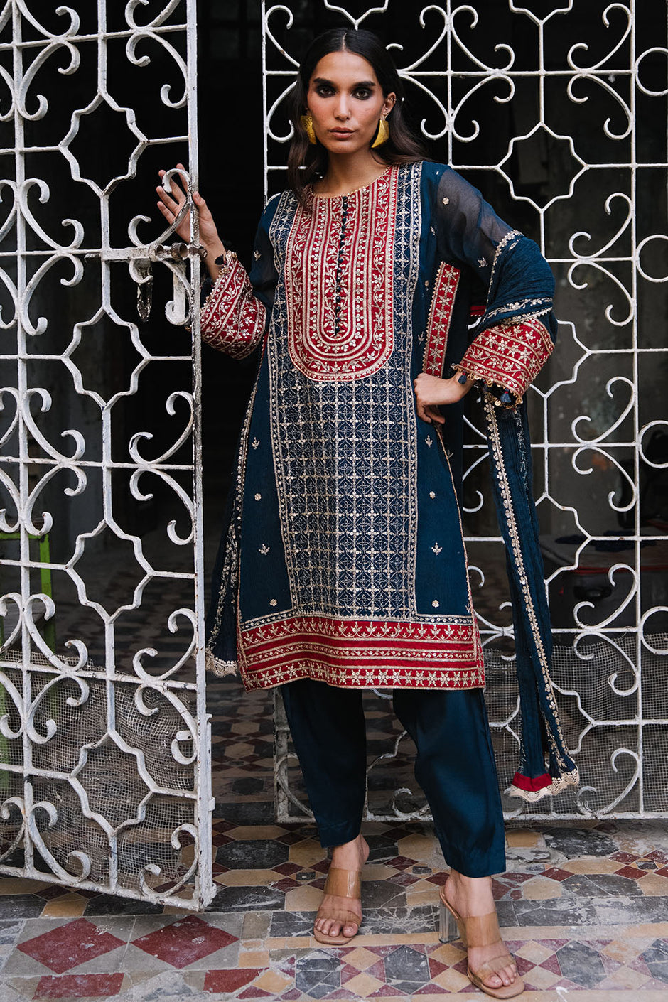 3 Piece Embroidered Cotton Net Suit with Neckline, Borders and Embroidered Cotton Net Dupatta